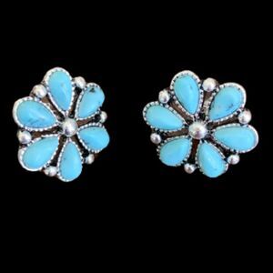 Southwestern Style Turquoise Tone Squash Blossom Flower Cluster Earrings NEW